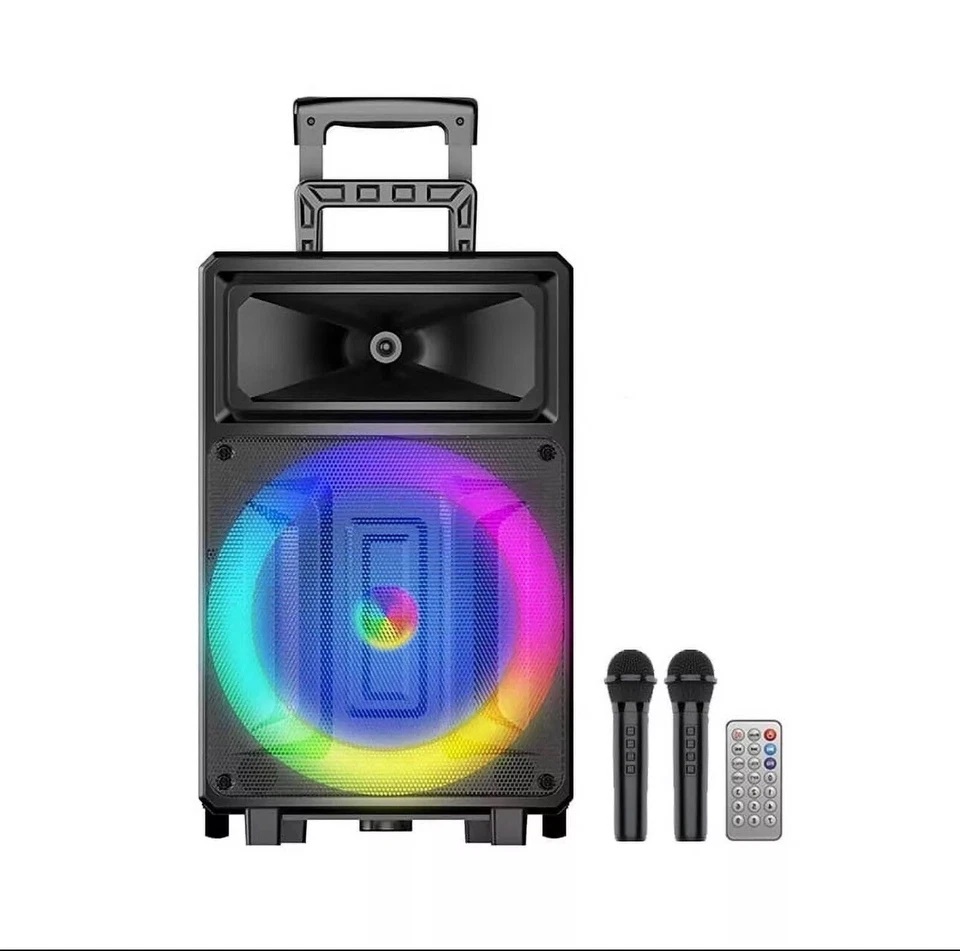 portable Bluetooth party speaker with a 12-inch woofer, karaoke function, and RGB LED lights